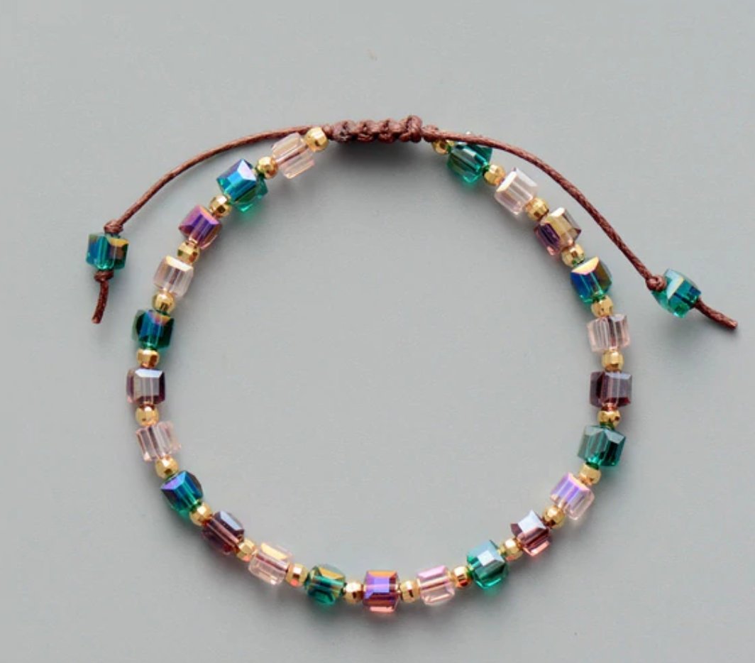 Crystal Square Beaded Friendship Bracelet, Tila Beads Purple Cord Stacking - Egret Jewellery