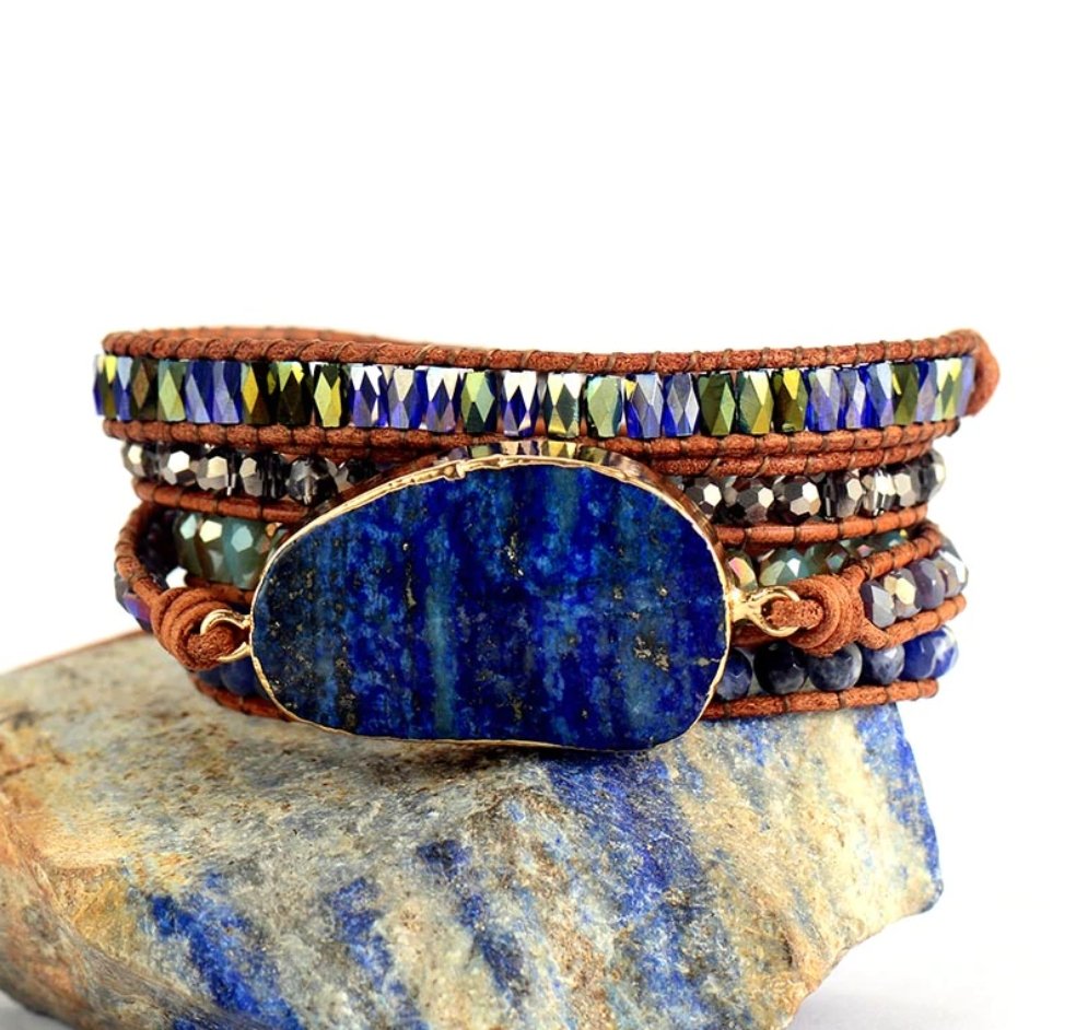 Natural Stone Beaded Tila, Lapis Lazuli, Sodalite, Geode Druzy Wrap Bracelet - Egret Jewellery