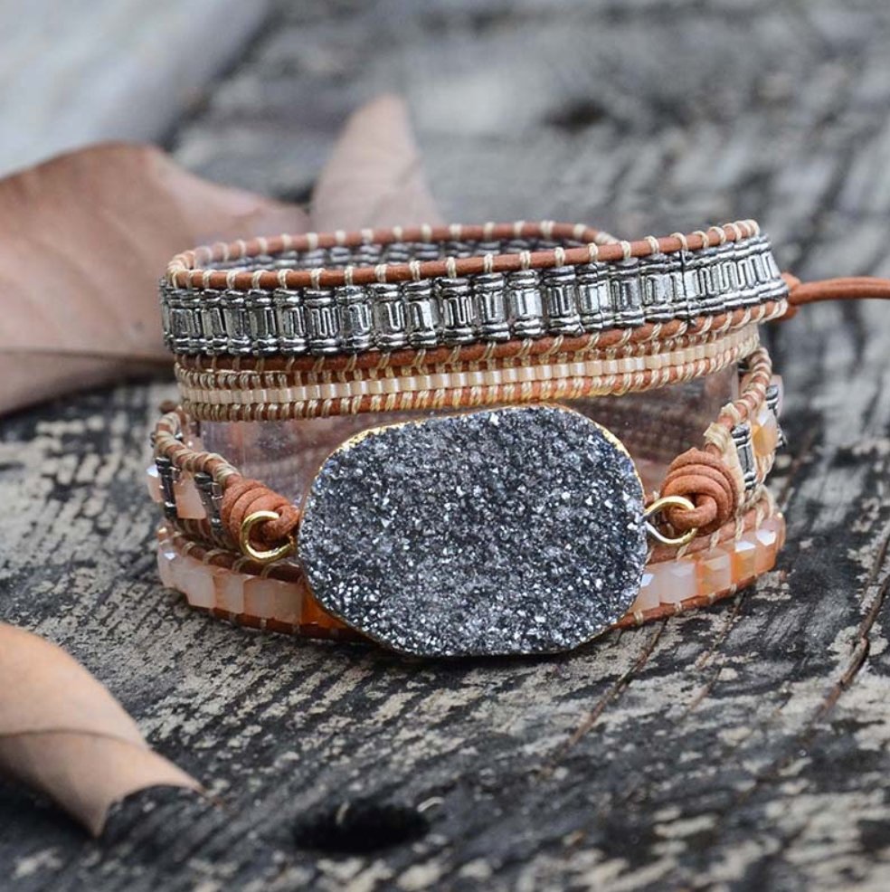 Natural Stone Beaded Tila and Miyuki Beads Druzy Wrap Bracelet - Egret Jewellery