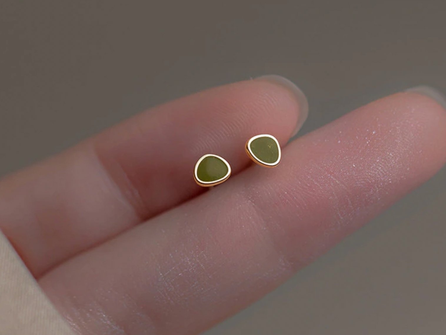 Tiny Delicate Gold Green Enamel Geometric Stud Earrings - Egret Jewellery