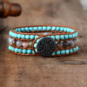 Natural Turquoise Stone Beaded Turquoise | Agate Cuff Leather Bracelet - Egret Jewellery