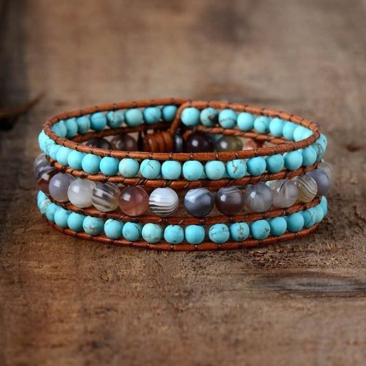 Natural Turquoise Stone Beaded Turquoise | Agate Cuff Leather Bracelet - Egret Jewellery