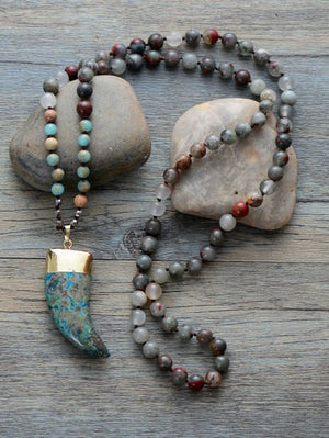 Boho Long Turquoise & Agate Beaded Mala Tusk Necklace - Egret Jewellery