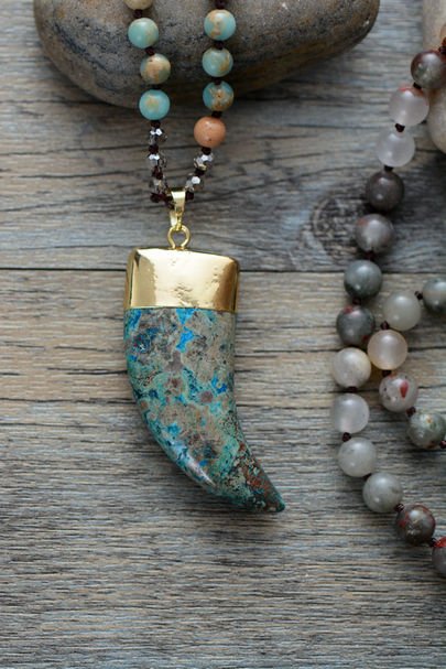 Boho Long Turquoise & Agate Beaded Mala Tusk Necklace - Egret Jewellery