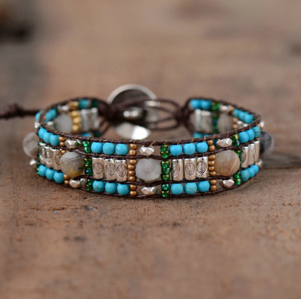 Natural Gemstone Turquoise & Amazonite Cuff Bracelet - Egret Jewellery