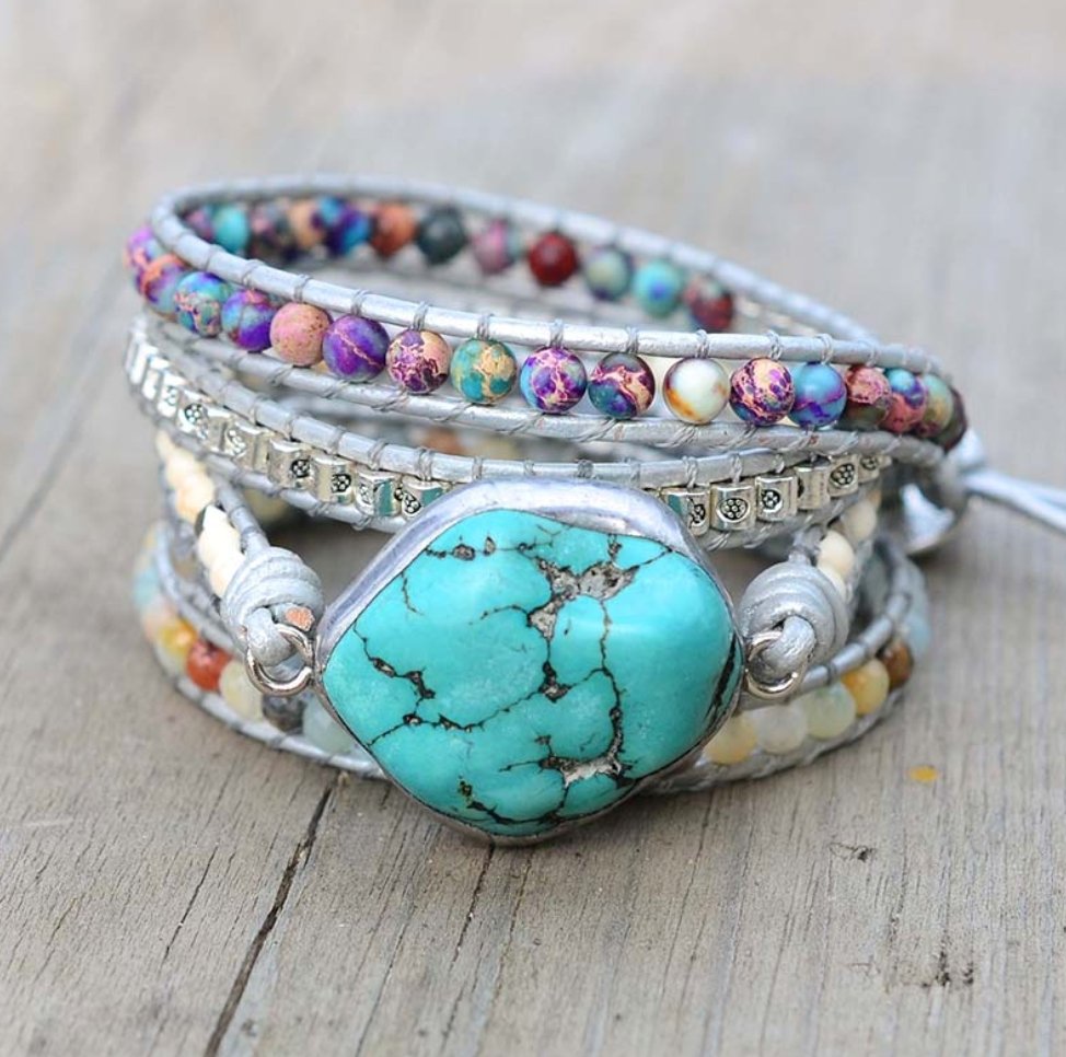 Natural Gemstone Turquoise & Amazonite Geode Beaded Leather Blue Wrap Bracelet - Egret Jewellery