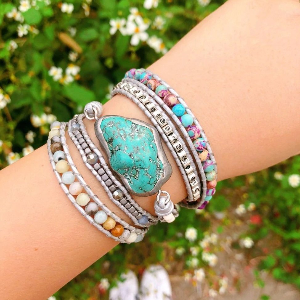 Natural Gemstone Turquoise & Amazonite Geode Beaded Leather Blue Wrap Bracelet - Egret Jewellery