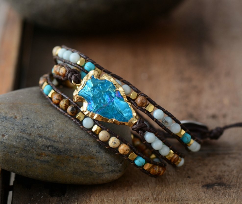 Druzy Geode Turquoise & Aura Quartz Stone Wrap Bracelet - Egret Jewellery