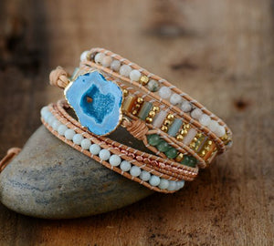 Natural Turquoise Geode Druzy Amazonite Beaded Wrap Bracelet - Egret Jewellery