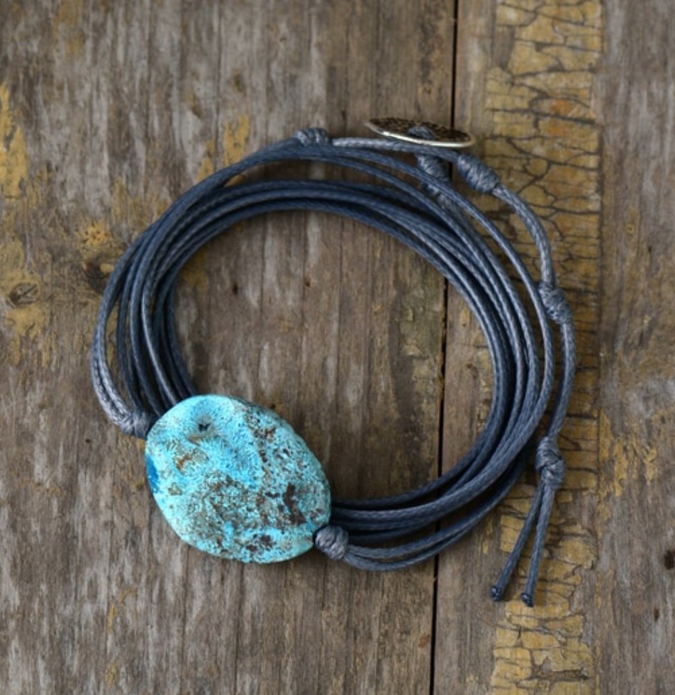 Turquoise Grey Cord Wrap Bracelet