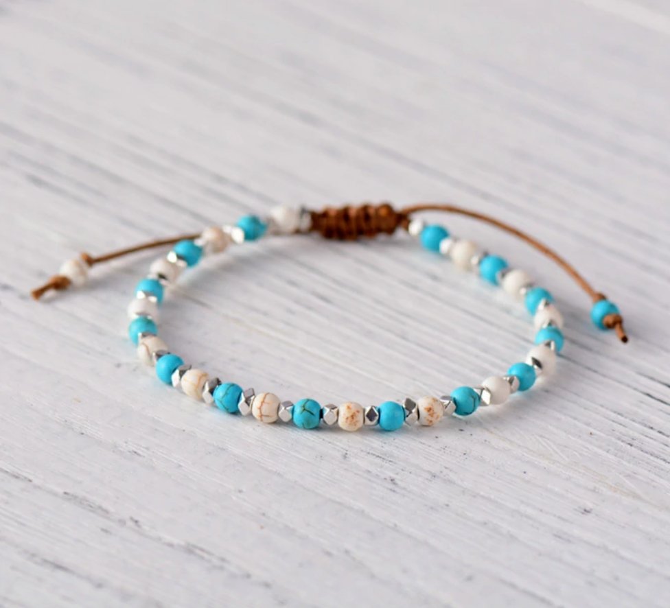 Natural Stone Bead Friendship Bracelet, Stacking Hematite Beaded White Turquoise - Egret Jewellery