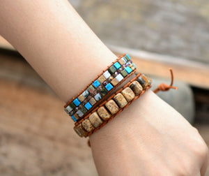 Turquoise & Howlite Beaded Leather Oblong Cuff Bracelet - Egret Jewellery