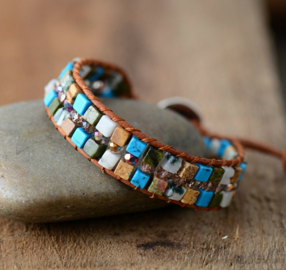 Turquoise & Howlite Beaded Leather Oblong Cuff Bracelet - Egret Jewellery