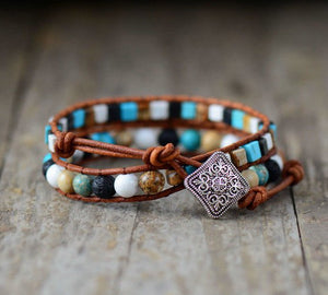 Natural Turquoise & Howlite Square Cut Leather Beaded Wrap Bracelet - Egret Jewellery