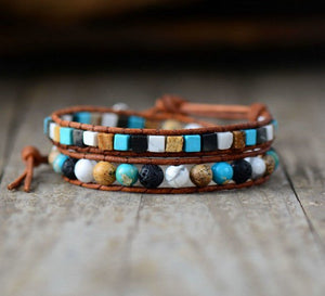 Natural Turquoise & Howlite Square Cut Leather Beaded Wrap Bracelet - Egret Jewellery