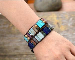 Leather Oblong Natural Beaded Turquoise Cuff | Wrap Bracelet - Egret Jewellery