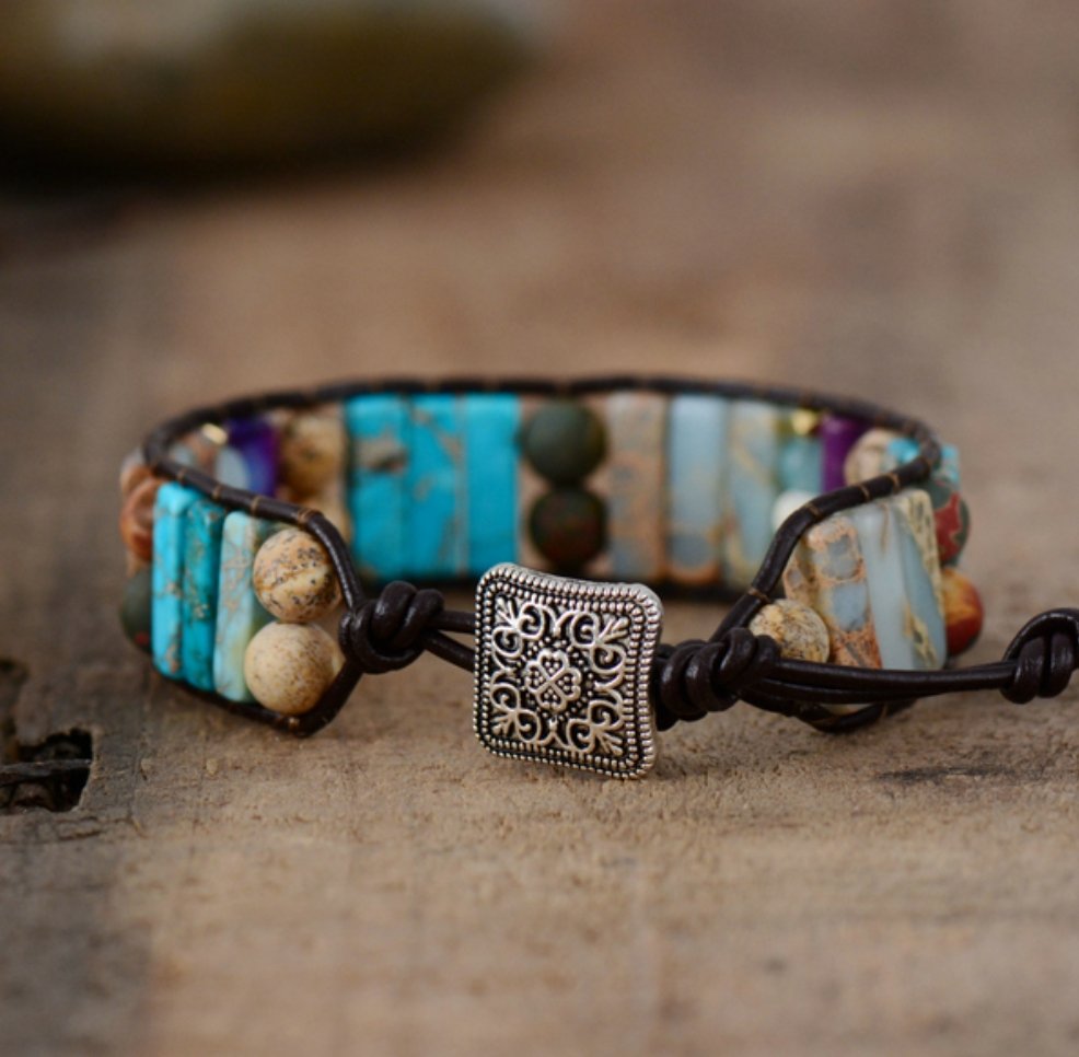 Leather Oblong Natural Beaded Turquoise Cuff | Wrap Bracelet - Egret Jewellery