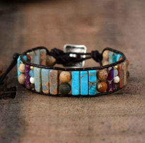 Leather Oblong Natural Beaded Turquoise Cuff | Wrap Bracelet - Egret Jewellery
