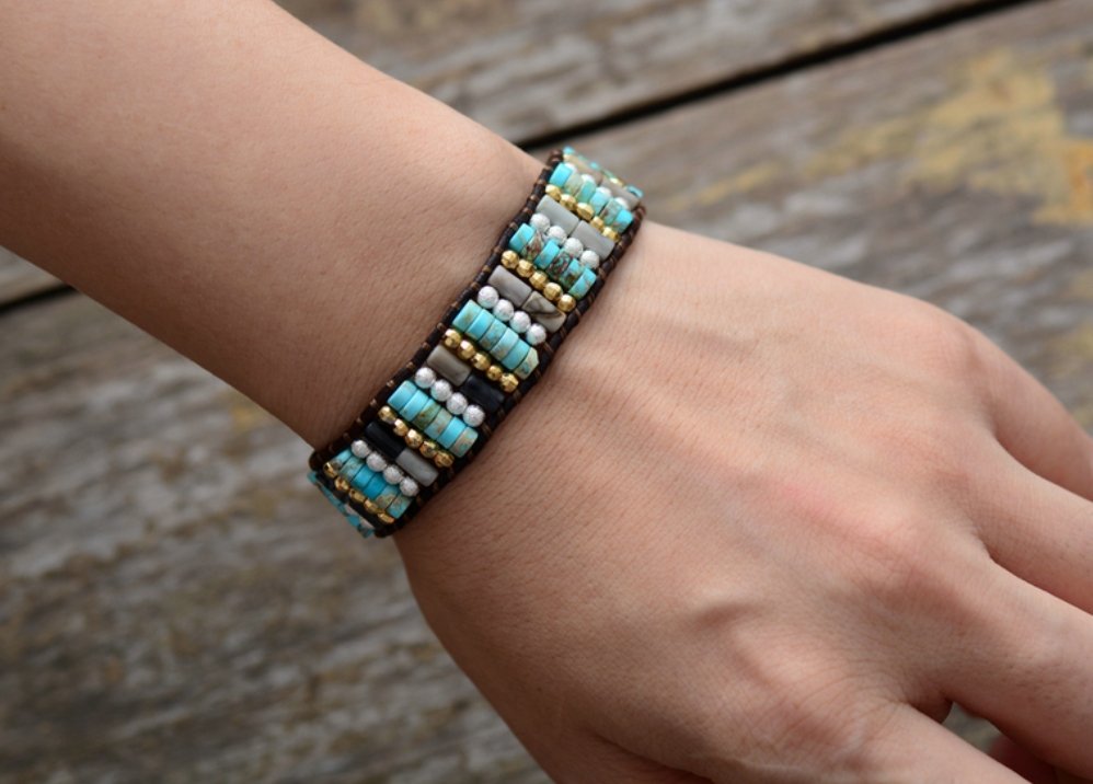 Turquoise Jasper, Seed Beads Cuff Bracelet