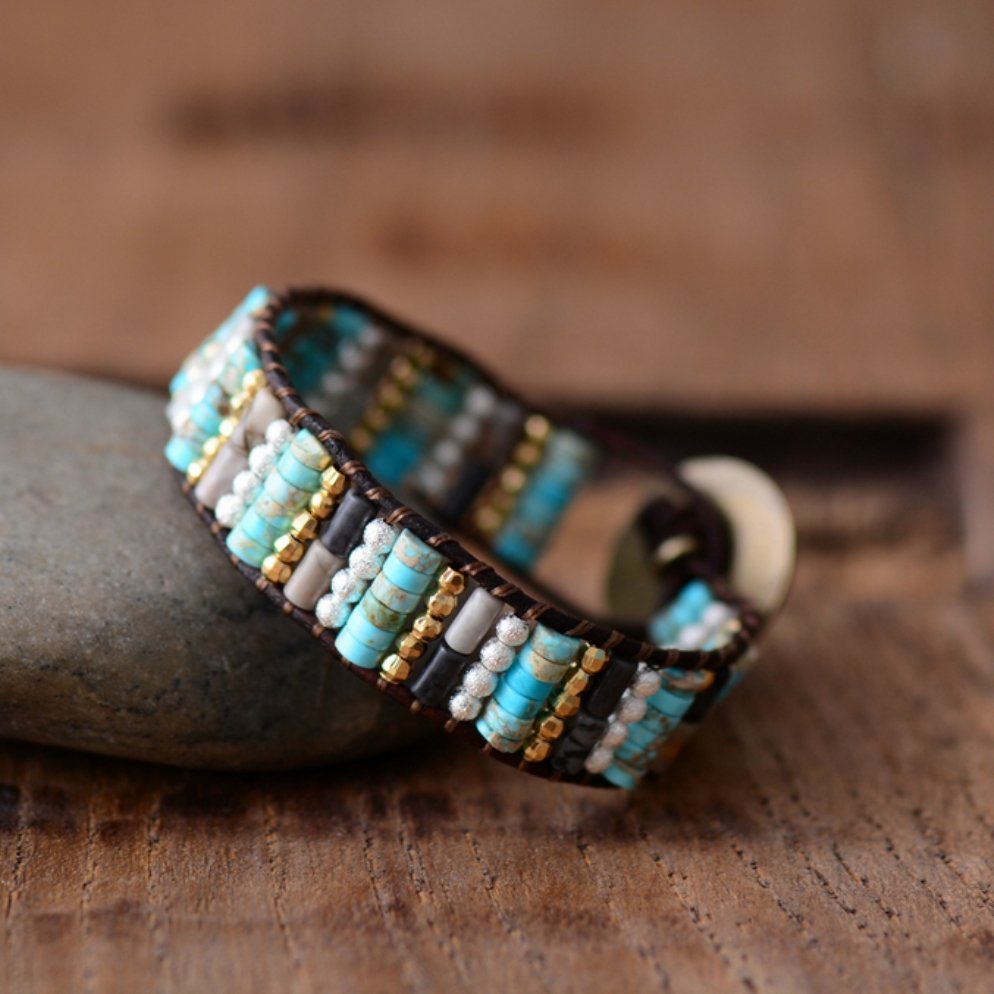 Turquoise Jasper, Seed Beads Cuff Bracelet