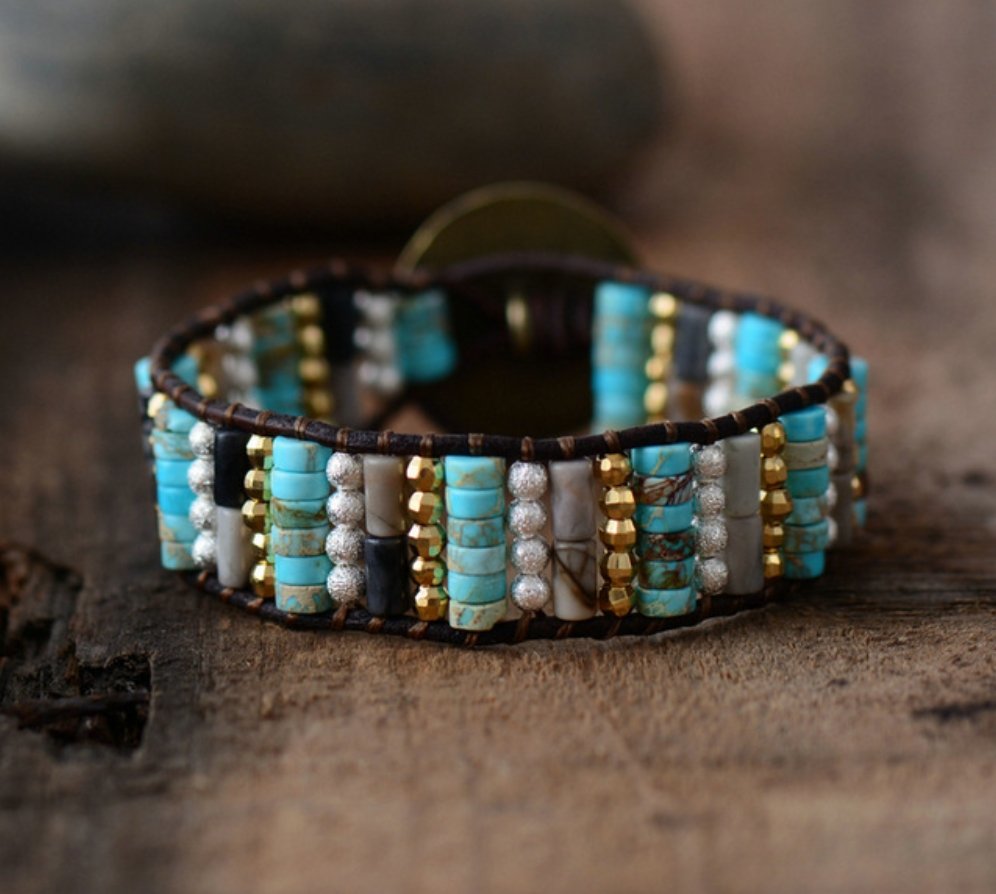 Turquoise Jasper, Seed Beads Cuff Bracelet