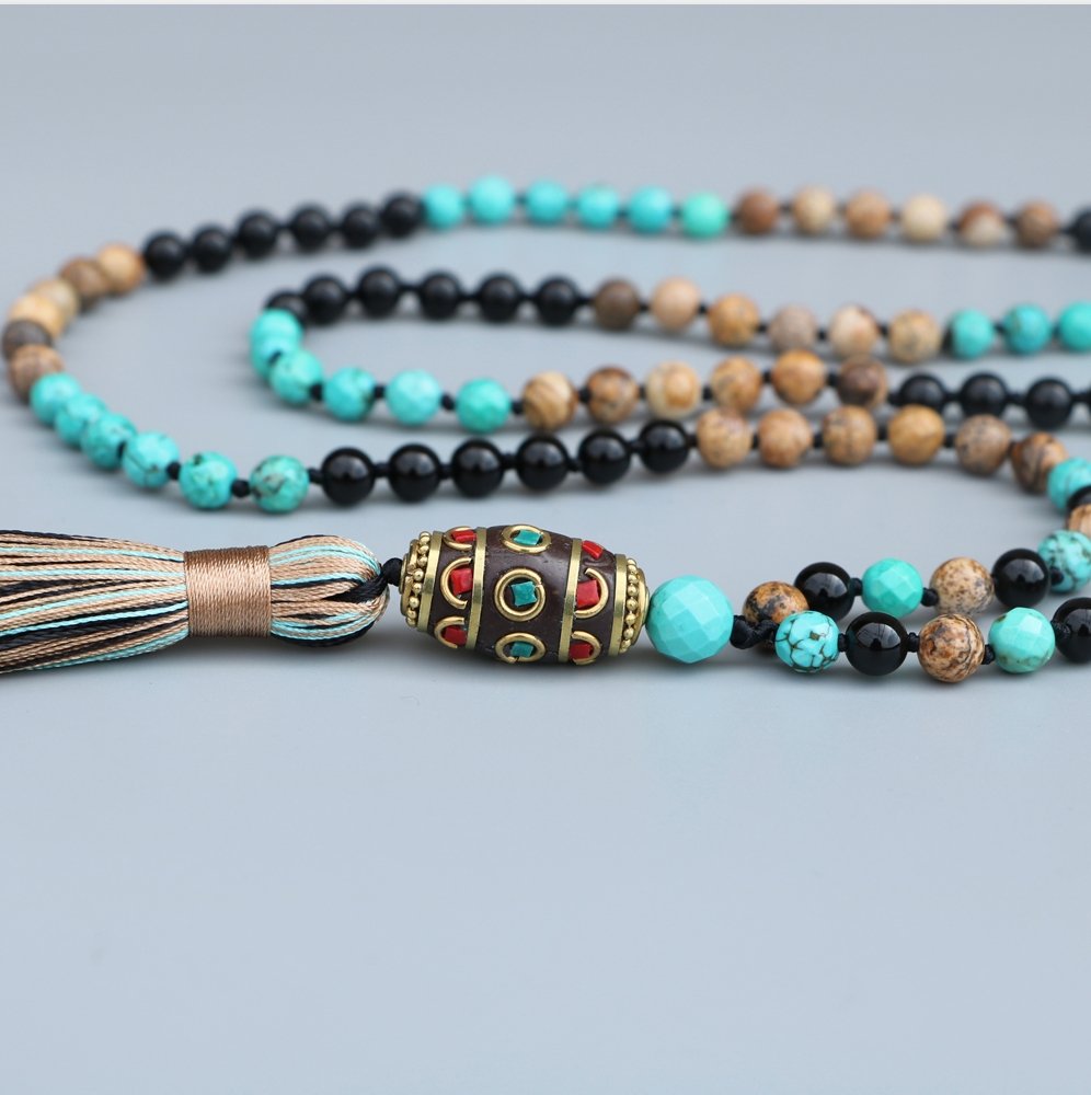 Long Boho Mala Gemstone Beaded Turquoise & Onyx Tassel Necklace - Egret Jewellery