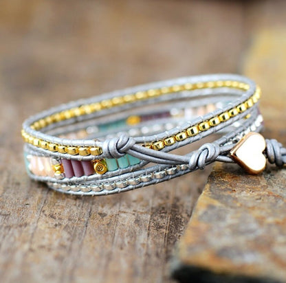 Turquoise & Purple Seed Beads Beaded Wrap Bracelet Leather Tila Beads - Egret Jewellery