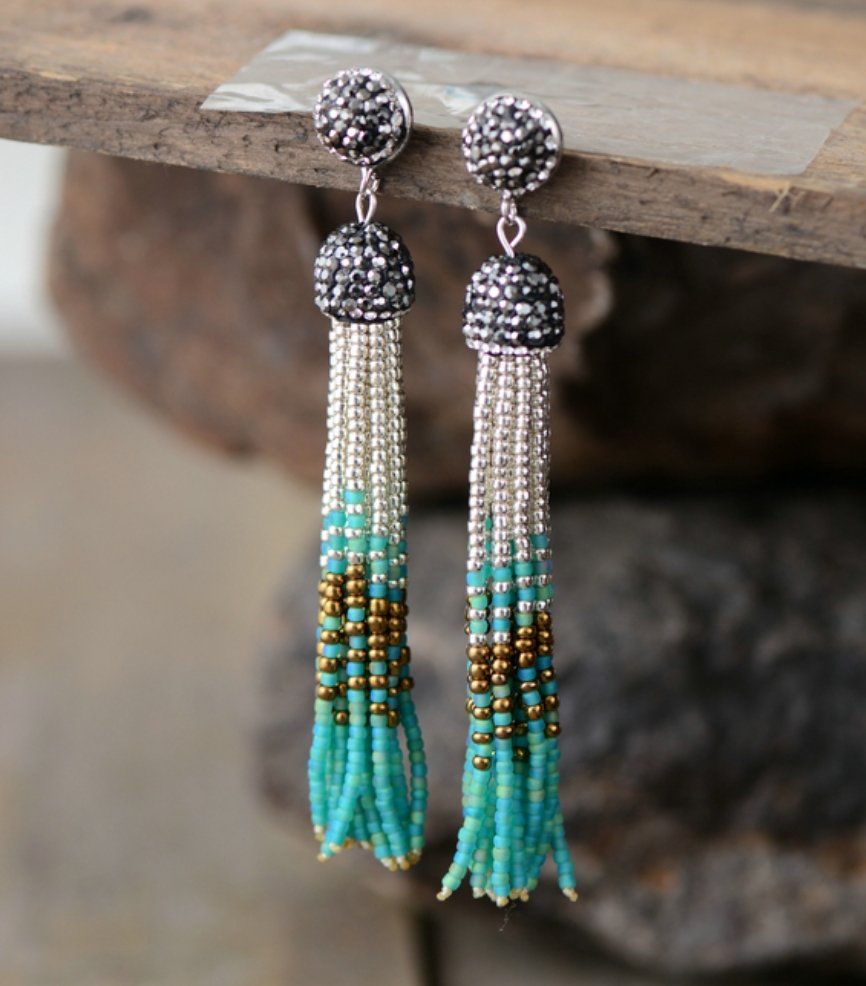 Turquoise Seed Beads Tassel Dangle Earrings