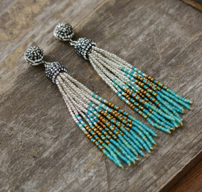 Turquoise Seed Beads Tassel Dangle Earrings