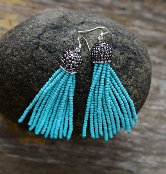 Seed Beads & Natural Turquoise Tassel Silver Drop Earrings - Egret Jewellery