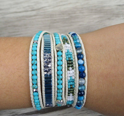 Natural Beaded Turquoise & Seed Beads Wrap Bracelet - Egret Jewellery