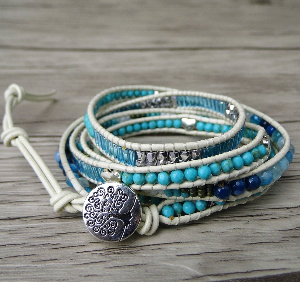 Natural Beaded Turquoise & Seed Beads Wrap Bracelet - Egret Jewellery