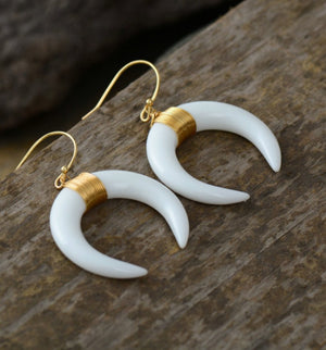 White Double Horn Gold Drop Earrings