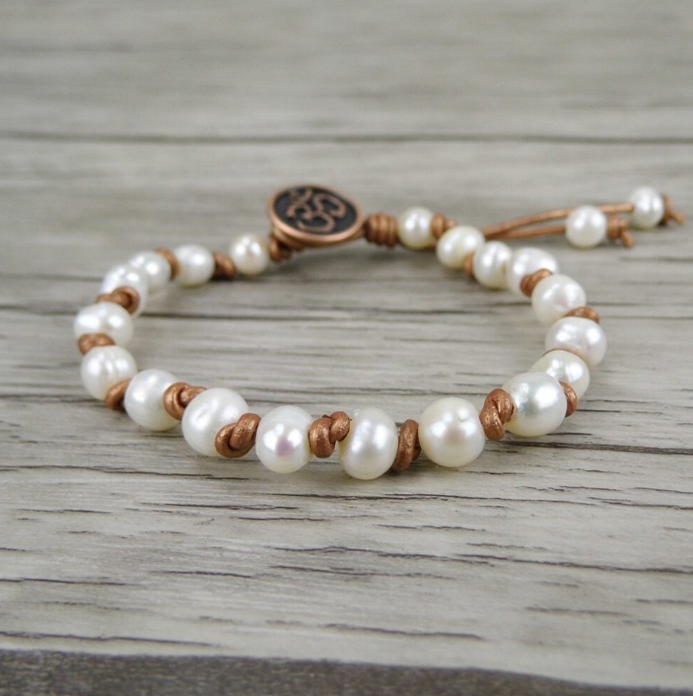 White Pearl Leather Stacking Bracelet