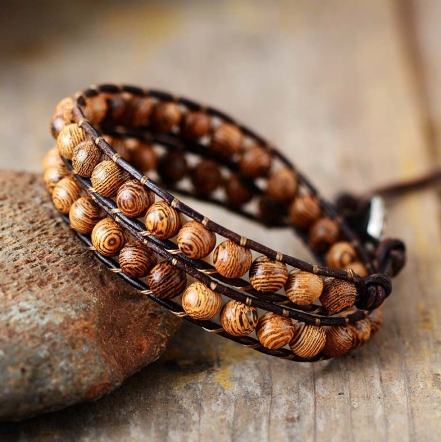 Wooden Beaded Leather Brown Wrap Bracelet