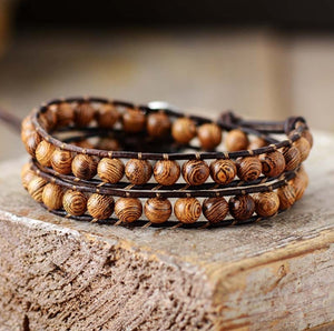 Wooden Beaded Leather Brown Wrap Bracelet